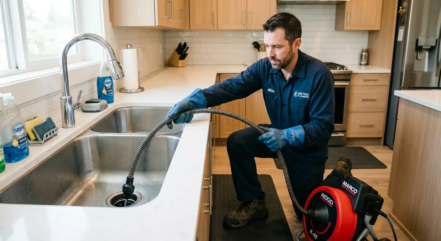 Drain cleaning technician using a motorized snake on a kitchen sink in Richmond Hill