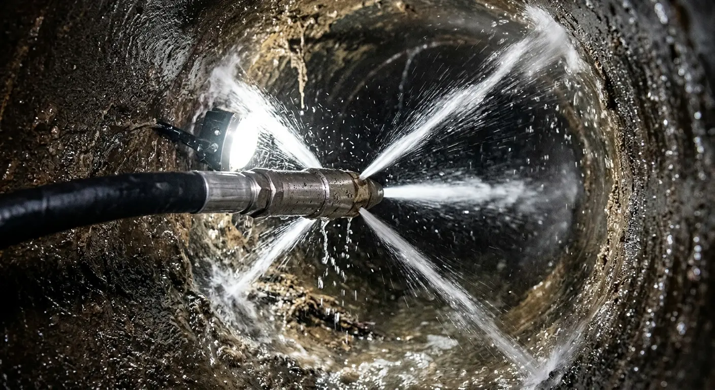 High-pressure hydro jetting nozzle cleaning sewer pipe for Sewer Cleanout in Richmond Hill