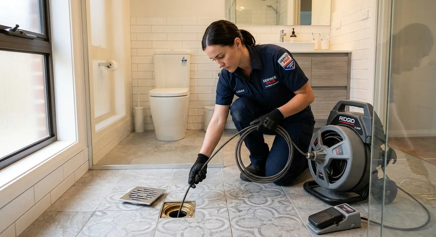 Technician clearing a bathroom floor drain for Drain Cleaning in Richmond Hill